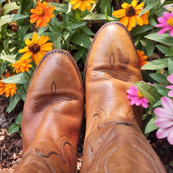 VINTAGE Vegan Leather Caramel Cowgirl Riding Boots - Picture 9 of 9